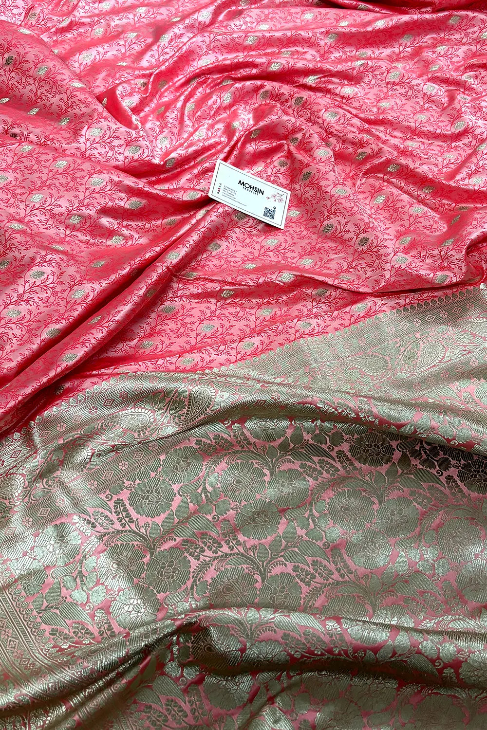 Peach Pink Zari Katan Mashru Silk Banarasi Saree