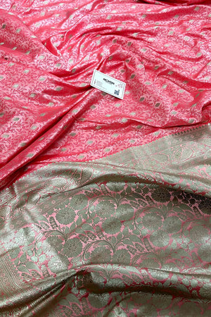 Peach Pink Zari Katan Mashru Silk Banarasi Saree