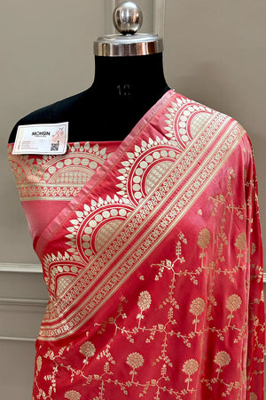 Peach Quantum Jaal Katan Silk Banarasi Saree