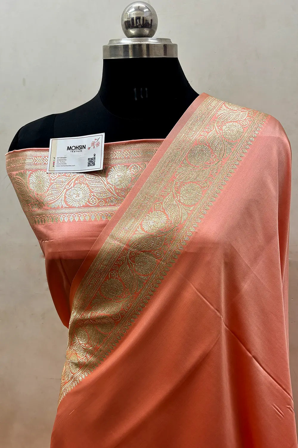 Peach Royal Plain Katan Satin Silk Banarasi Saree