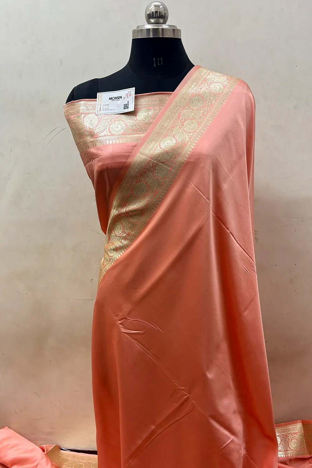 Peach Royal Plain Katan Satin Silk Banarasi Saree