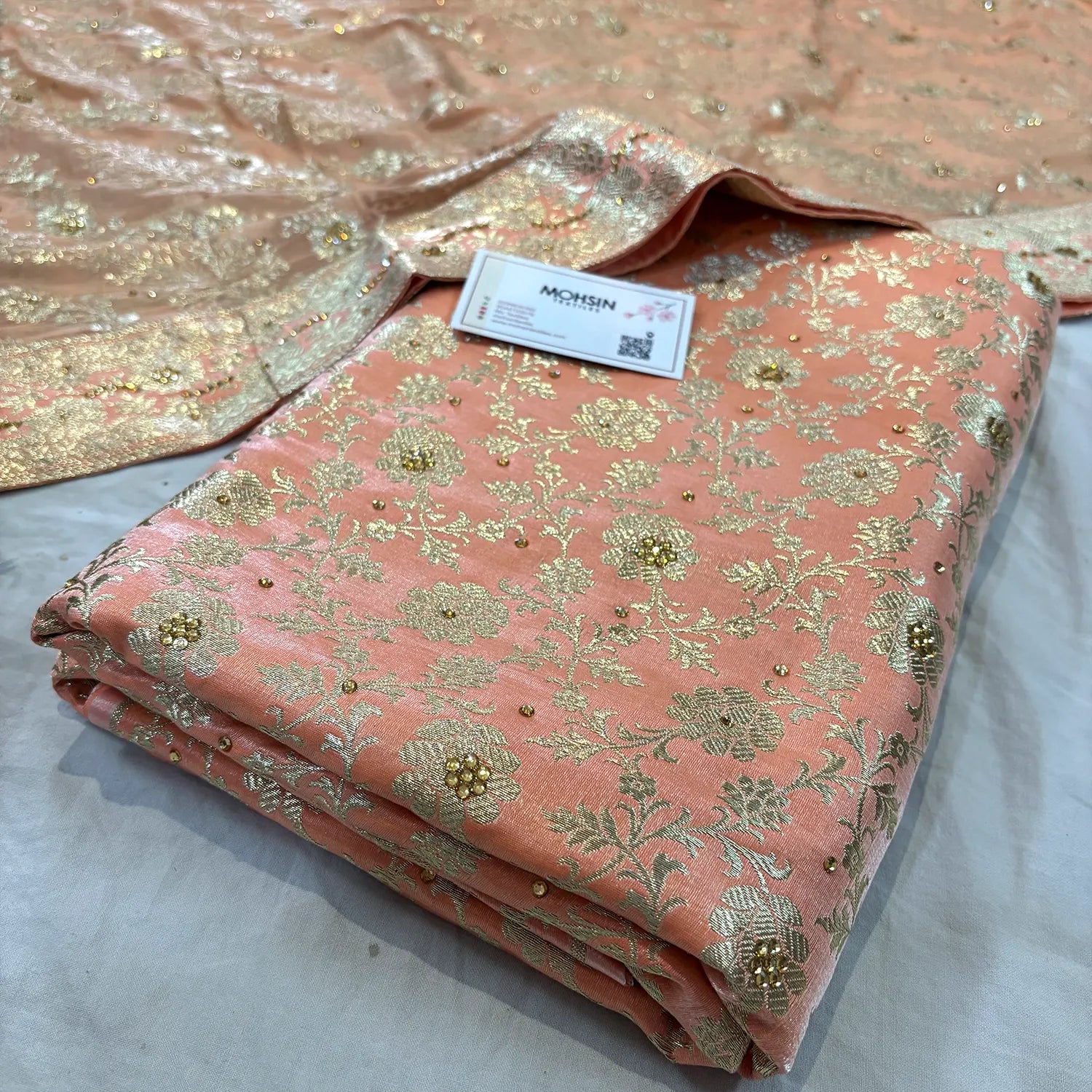 Peach Stone Work Kimkhab Silk Banarasi Gharara