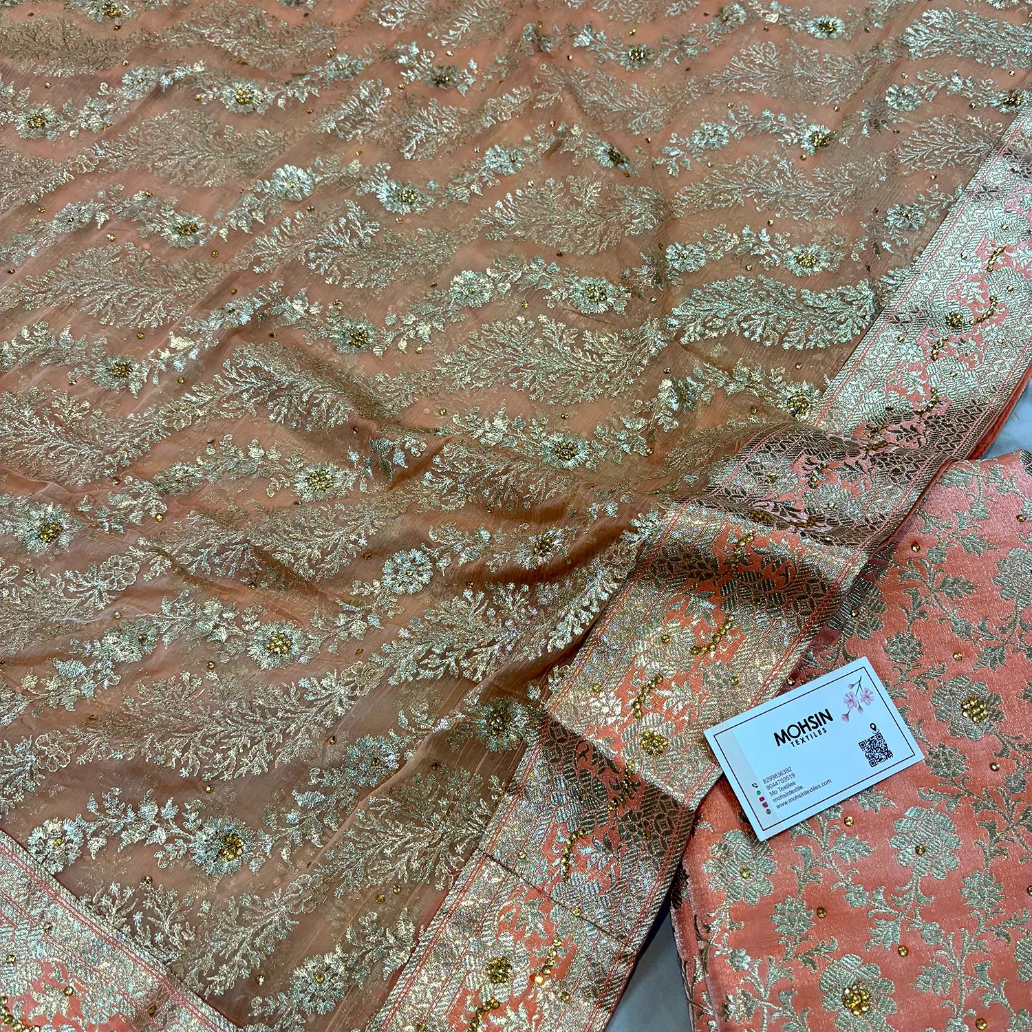 Peach Stone Work Kimkhab Silk Banarasi Gharara