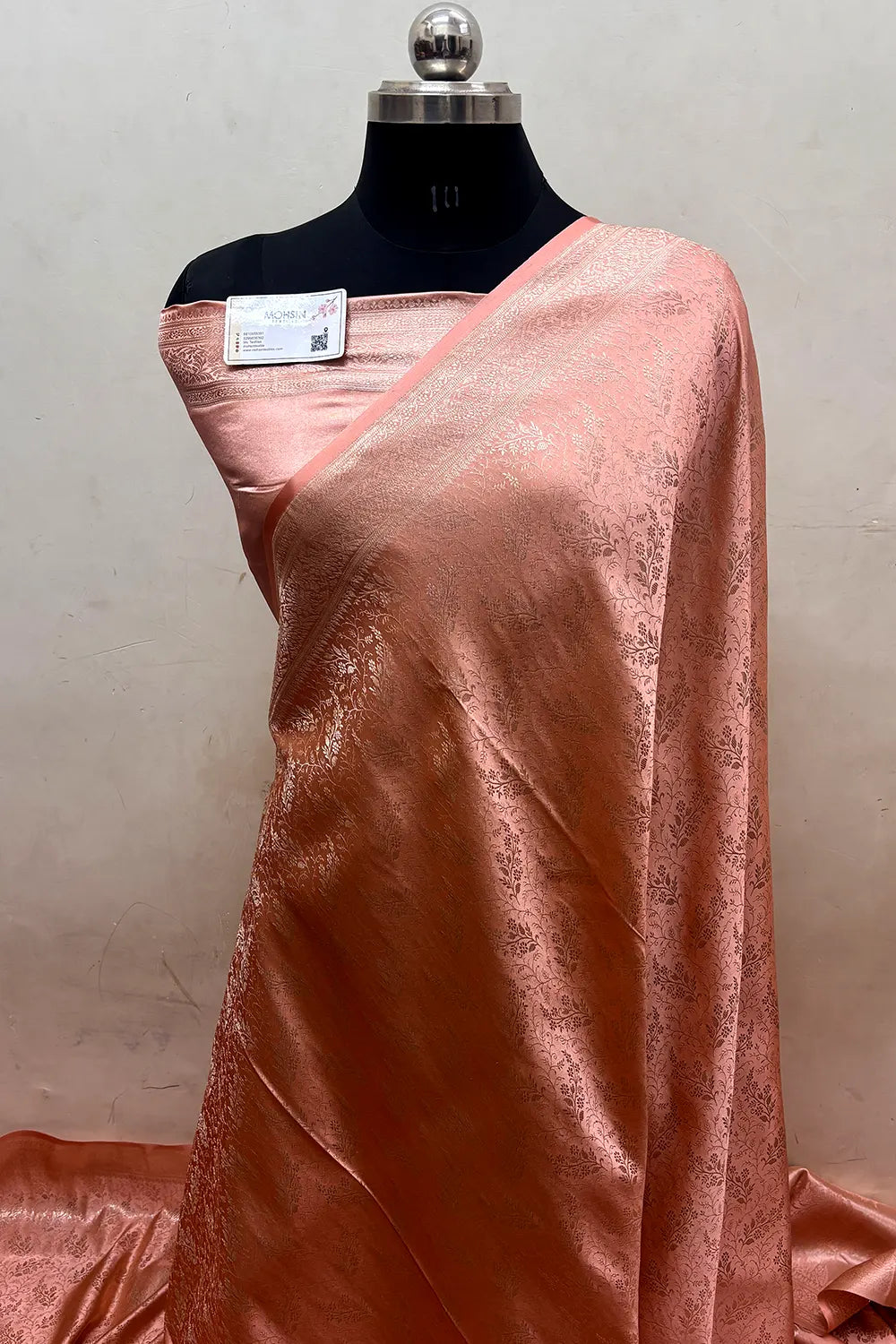 Peach Zari Katan Jamdani Silk Banarasi Saree