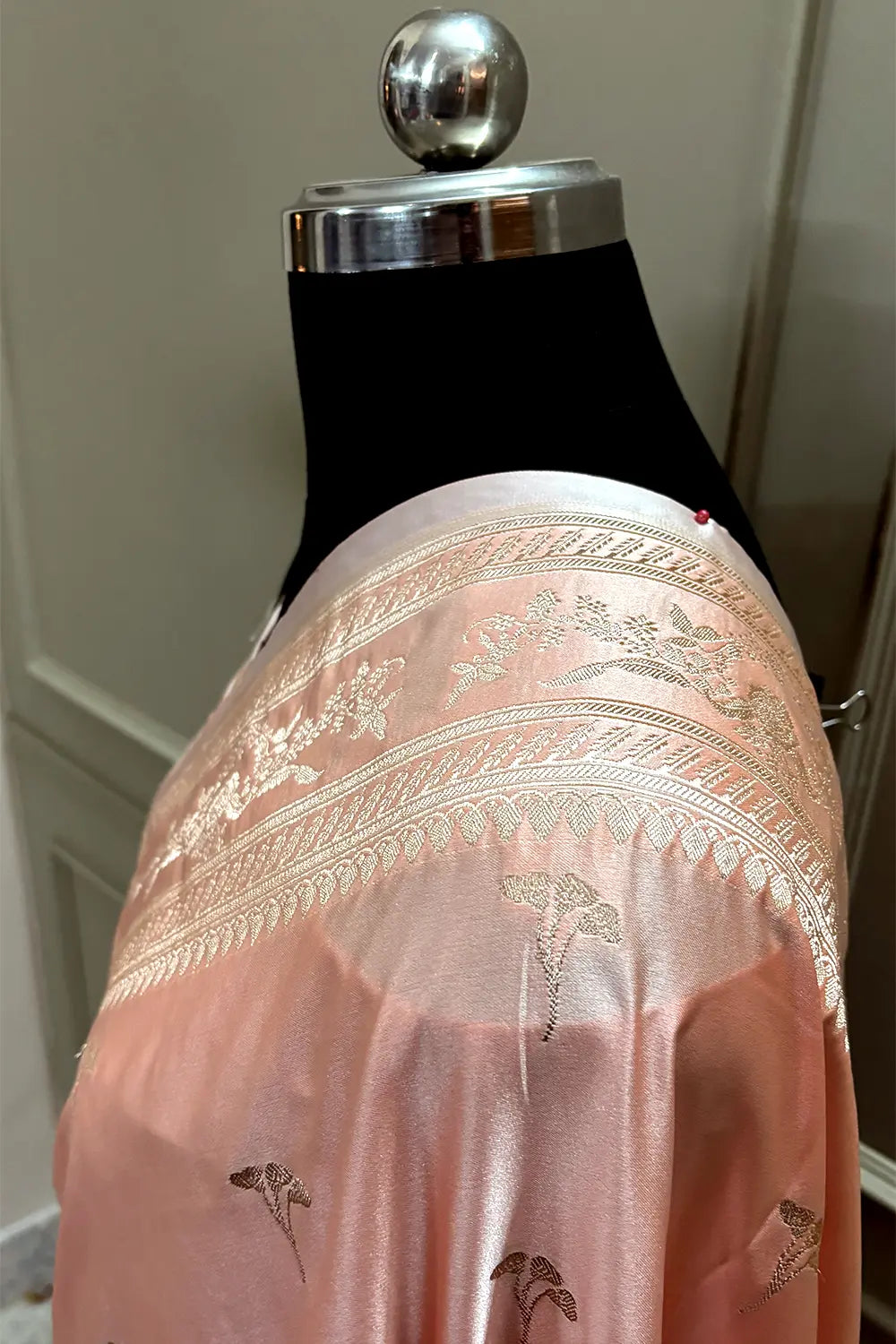 Peach Zari Katan Mashru Silk Banarasi Saree