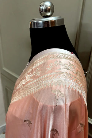 Peach Zari Katan Mashru Silk Banarasi Saree