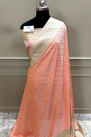 Peach Zari Katan Silk Banarasi Saree