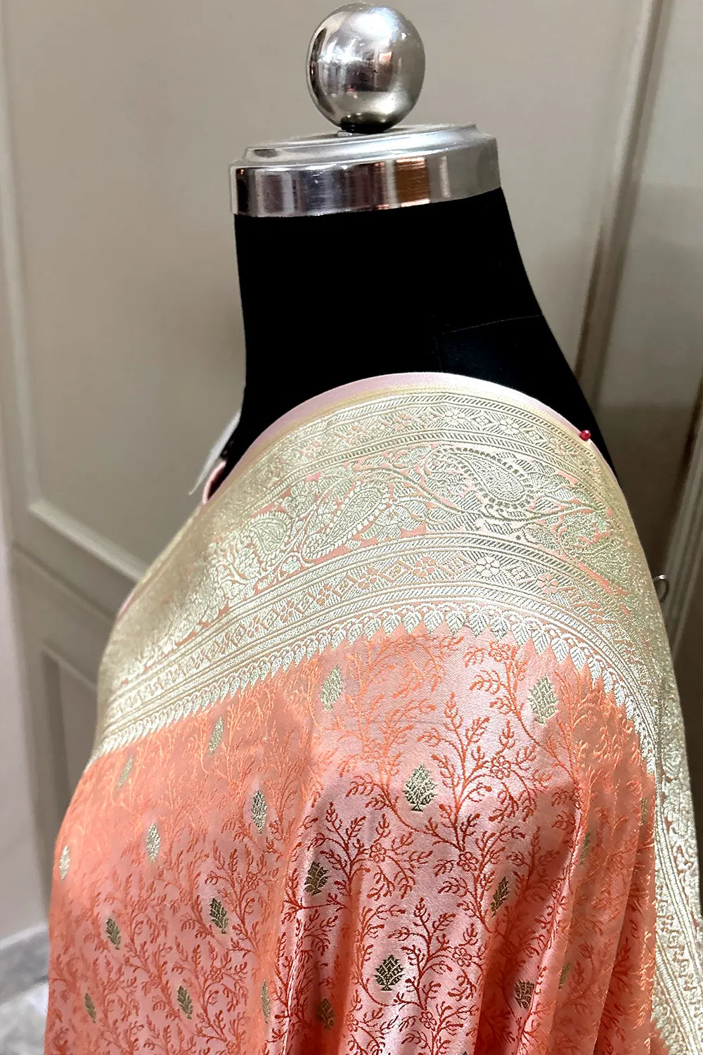 Peach Zari Katan Silk Banarasi Saree