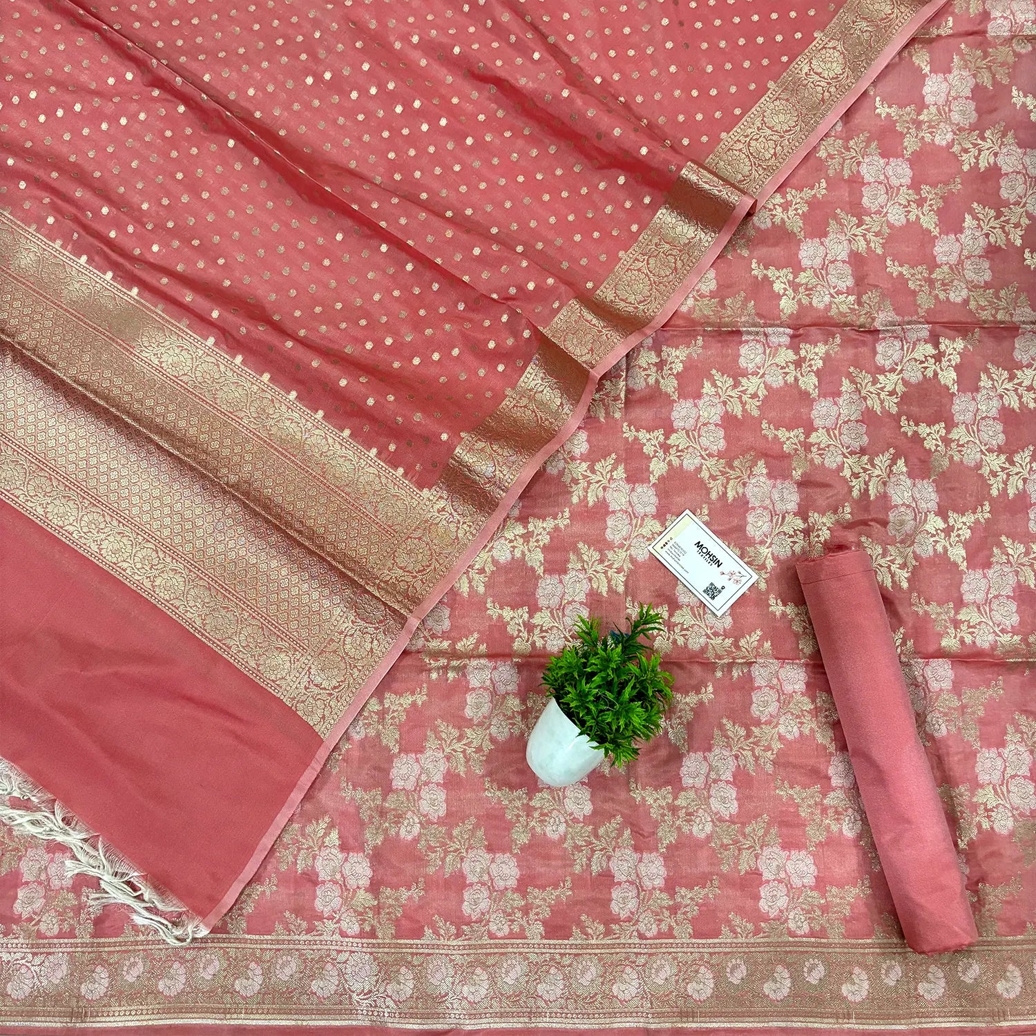 Peach Zari Katan Silk Banarasi Suit