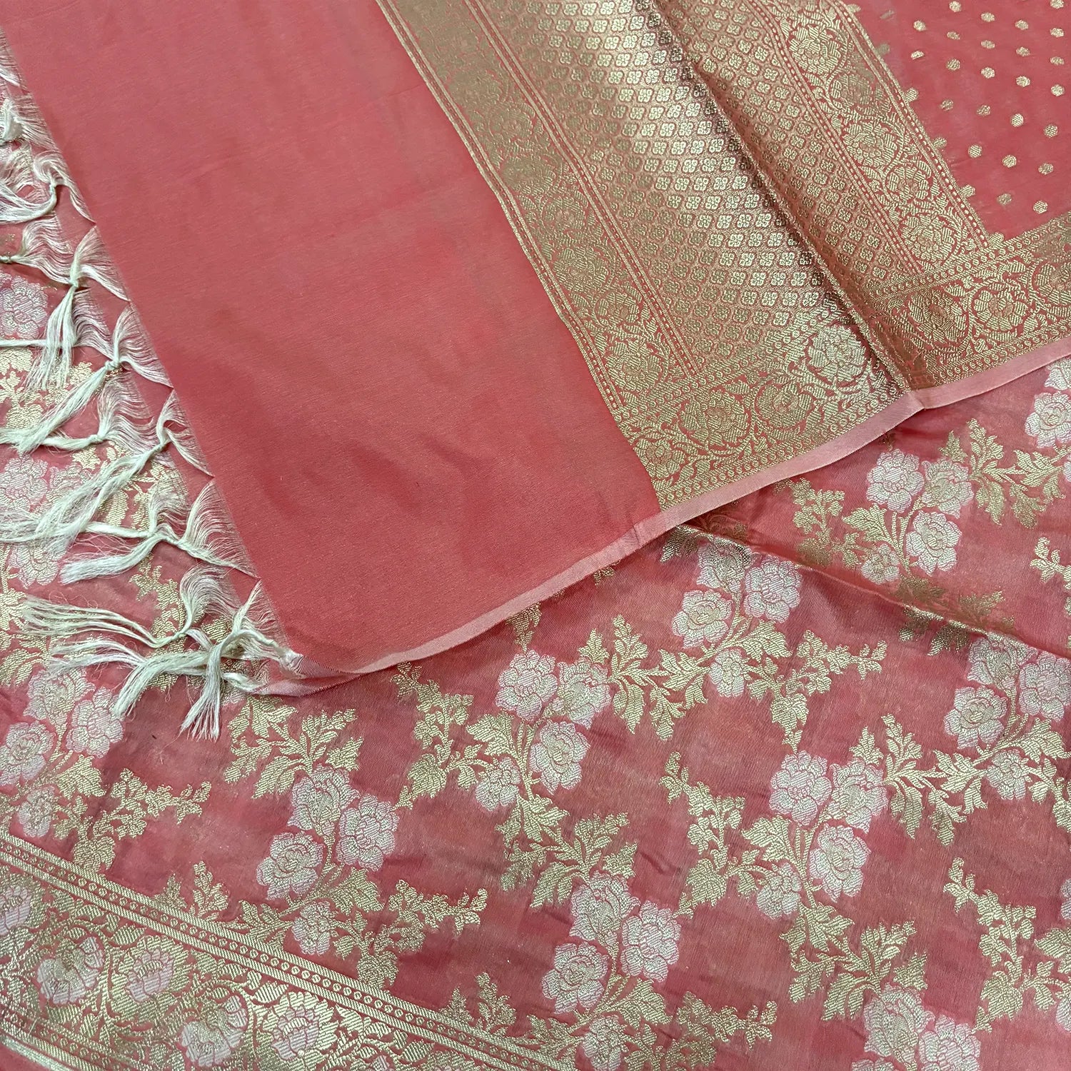 Peach Zari Katan Silk Banarasi Suit
