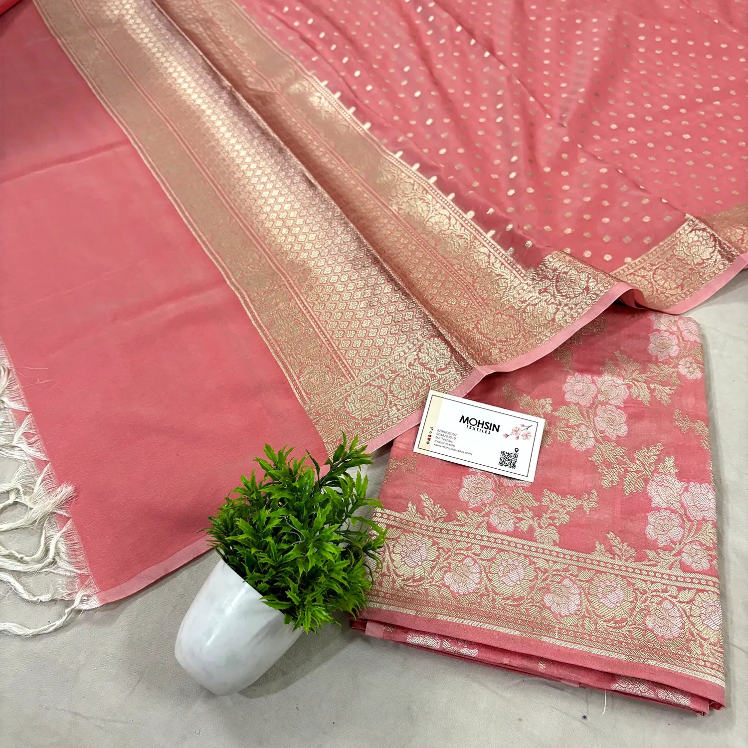 Peach Zari Katan Silk Banarasi Suit