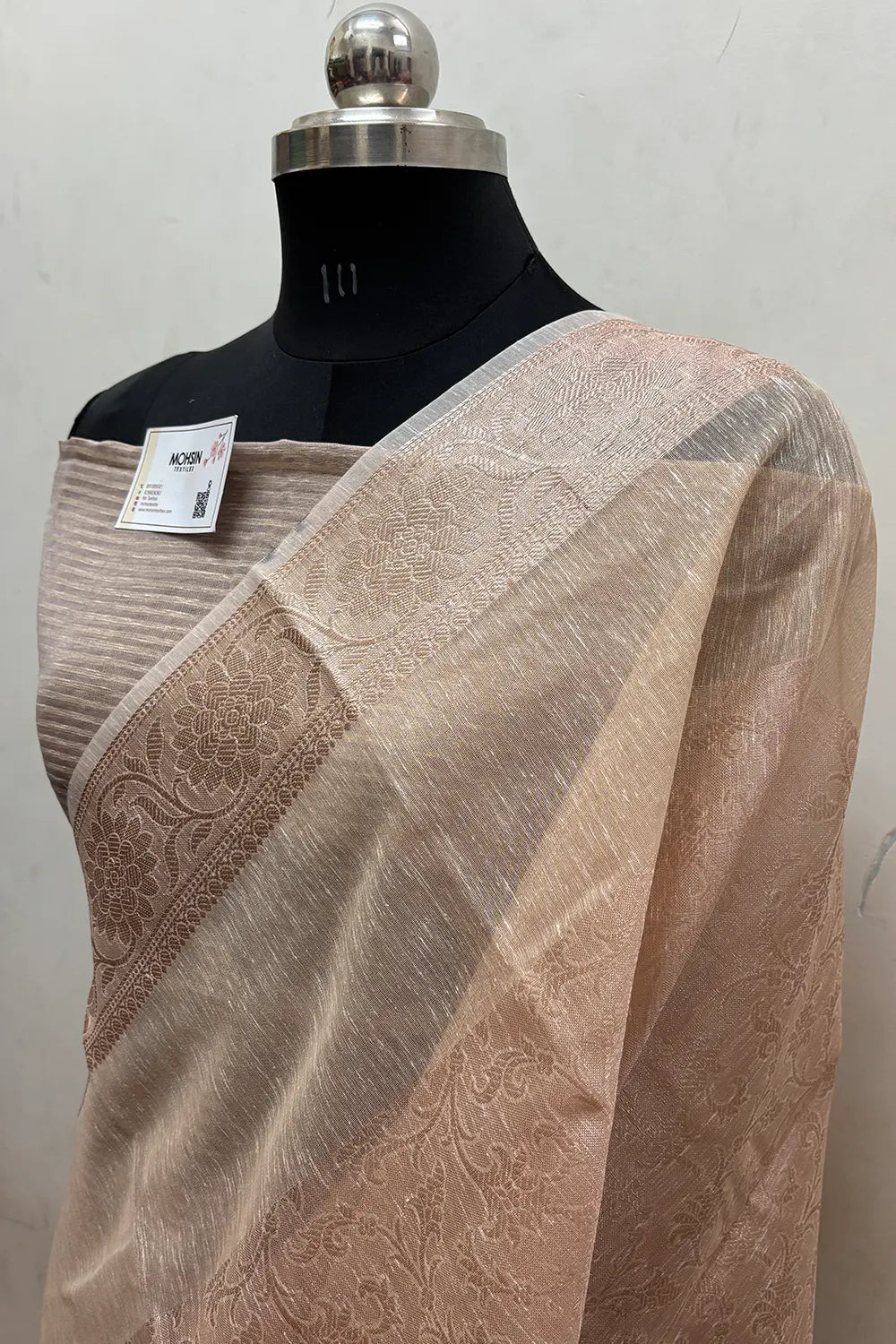 Peach Zari Linen Silk Banarasi Saree