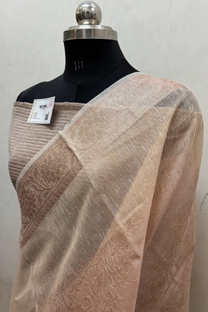 Peach Zari Linen Silk Banarasi Saree