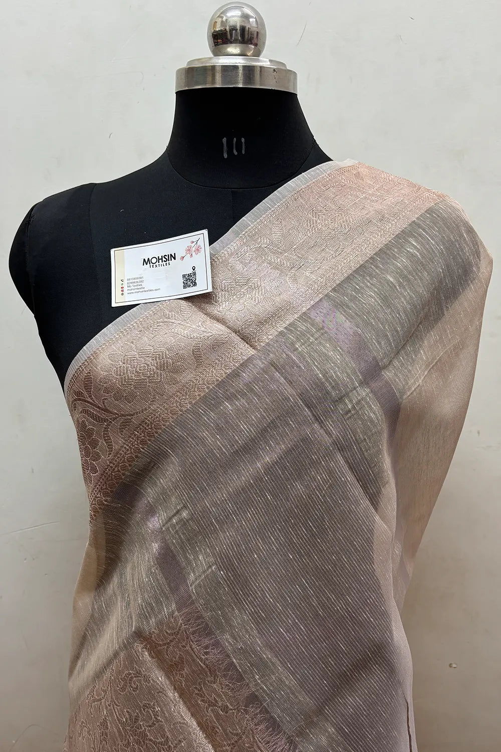Peach Zari Linen Silk Banarasi Saree