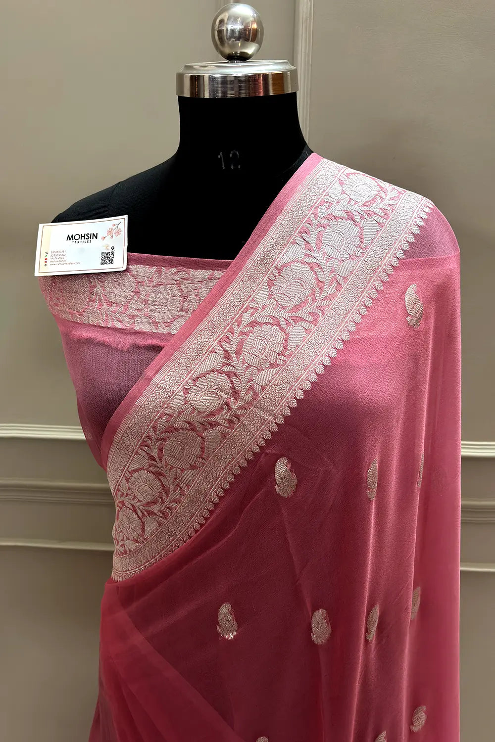 Peach Handloom Pure Georgette Silk Banarasi Saree