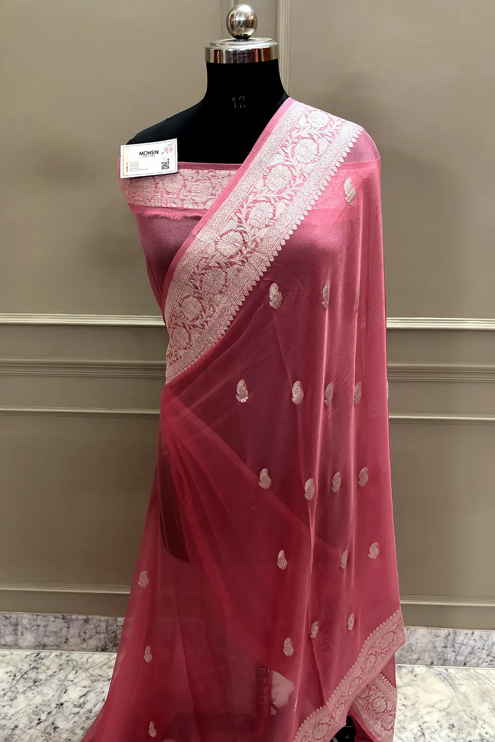 Peach Handloom Pure Georgette Silk Banarasi Saree