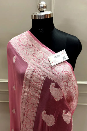 Peach Handloom Pure Georgette Silk Banarasi Saree