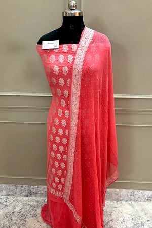 Peach Zari Pure Georgette Silk Banarasi Suit