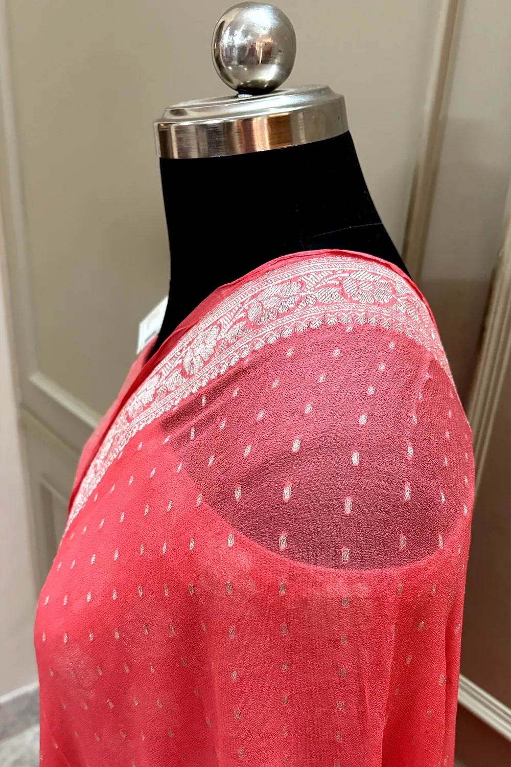 Peach Zari Pure Georgette Silk Banarasi Suit