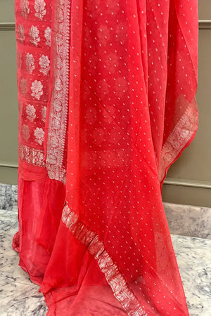 Peach Zari Pure Georgette Silk Banarasi Suit