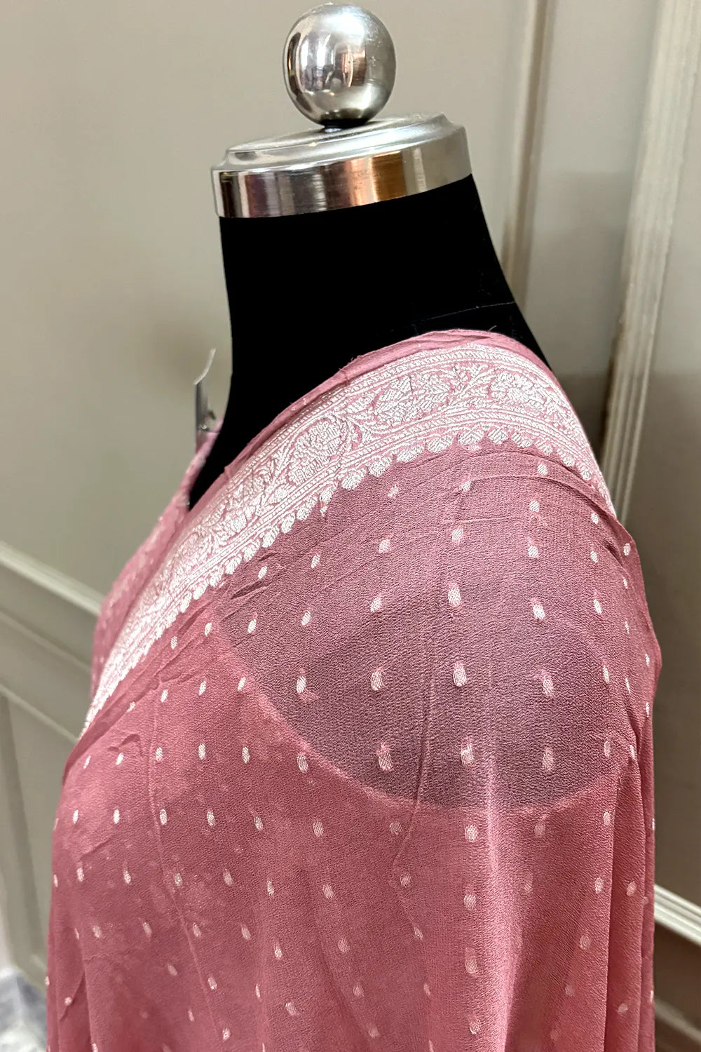 Peach Zari Pure Georgette Silk Banarasi Suit