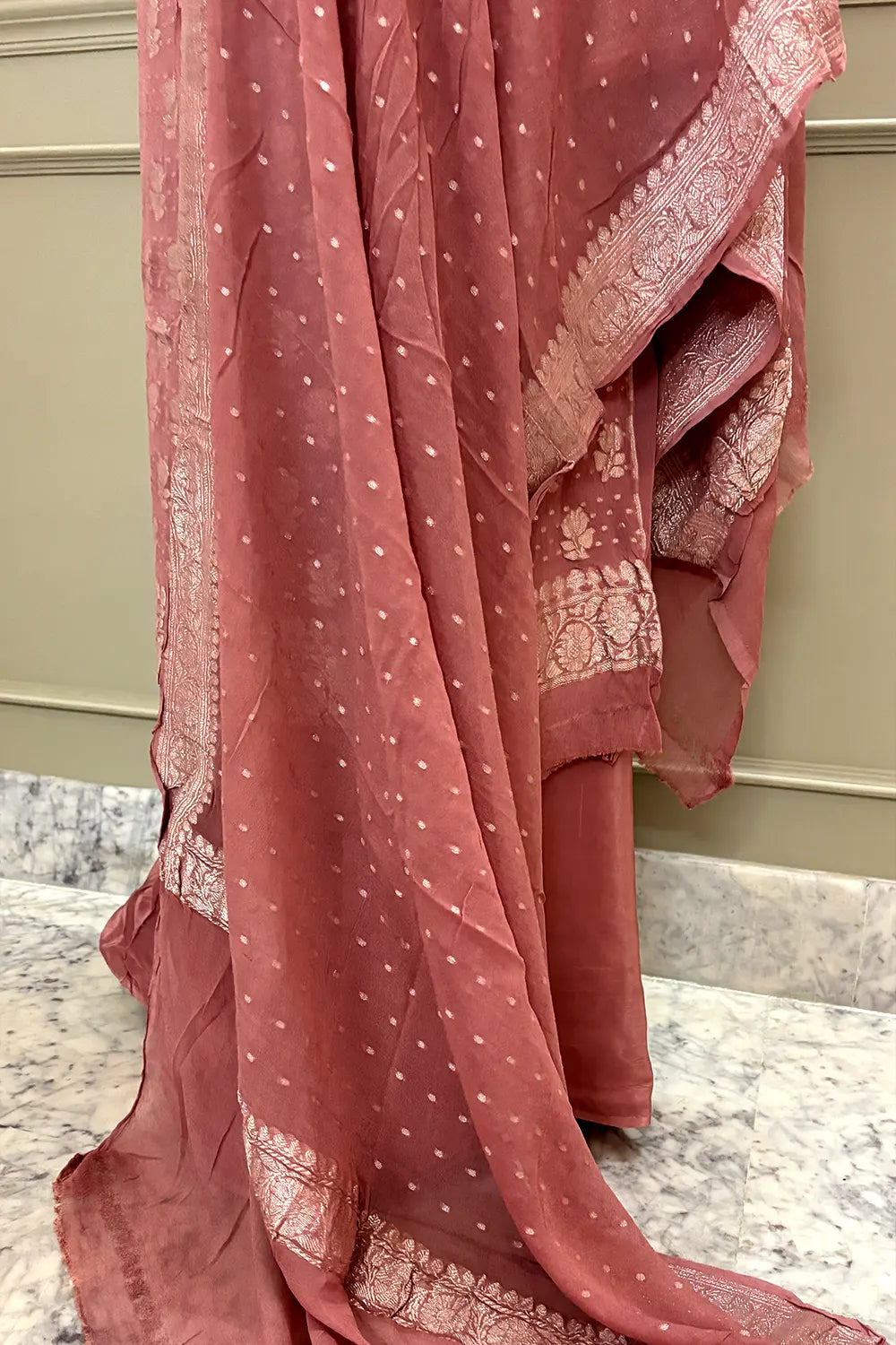 Peach Zari Pure Georgette Silk Banarasi Suit