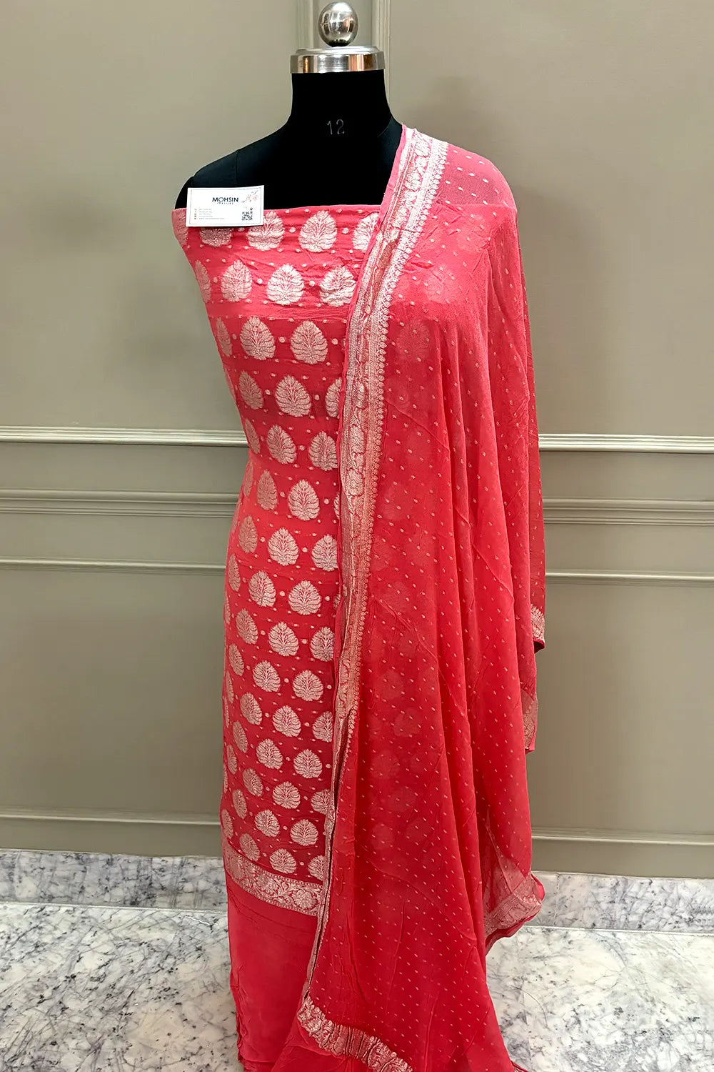 Peach Zari Pure Georgette Silk Banarasi Suit