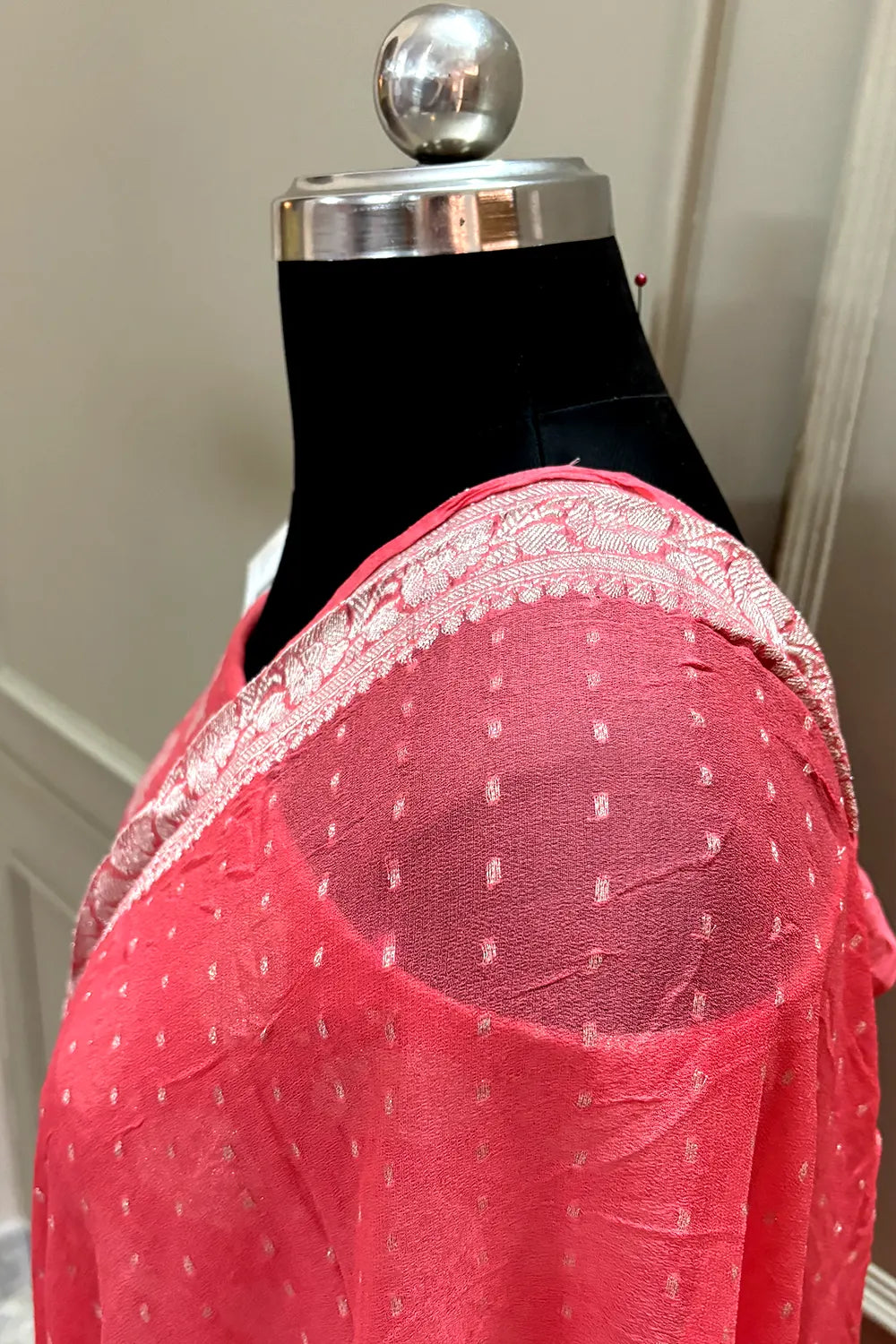 Peach Zari Pure Georgette Silk Banarasi Suit