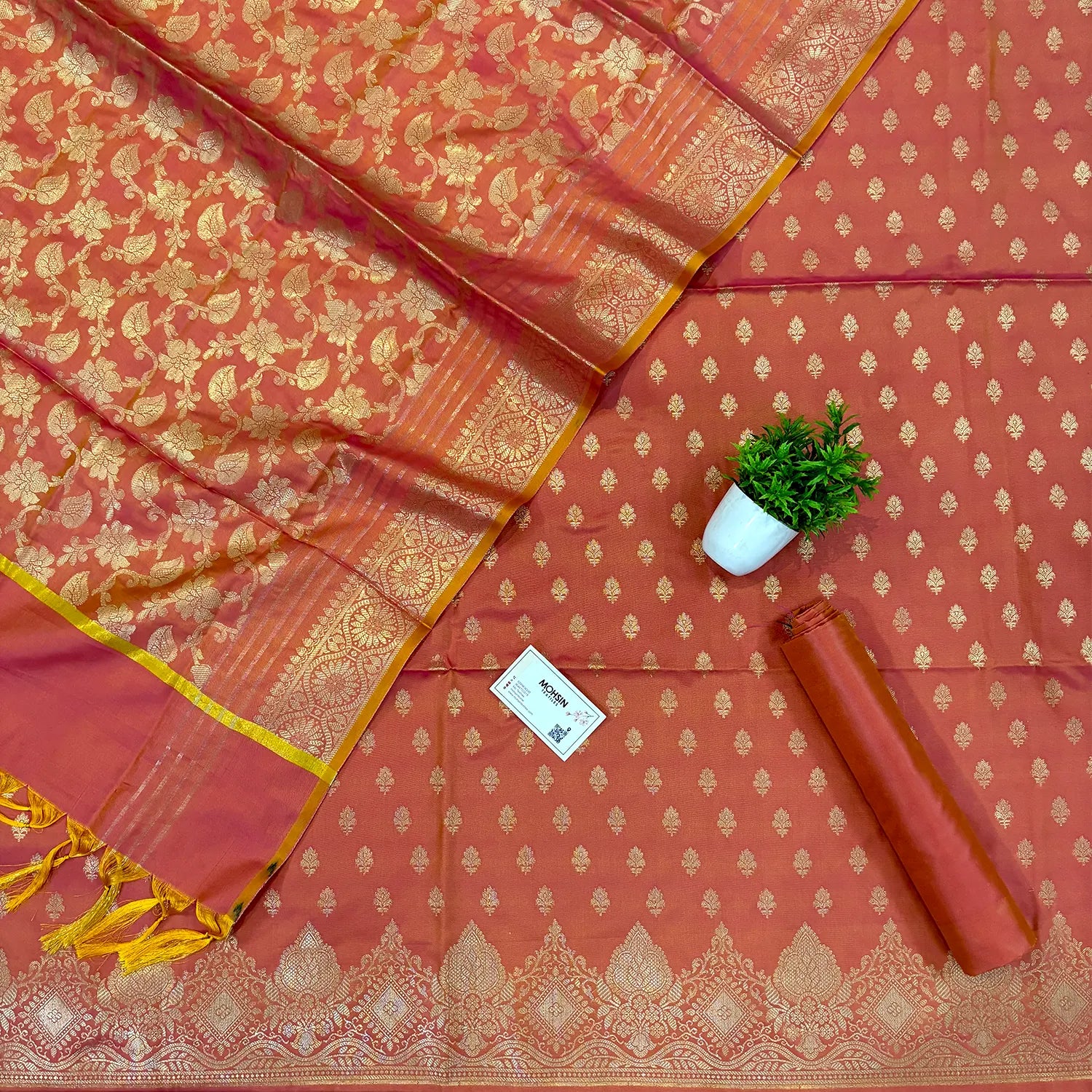 Peach Zari Satin Silk Banarasi Suit