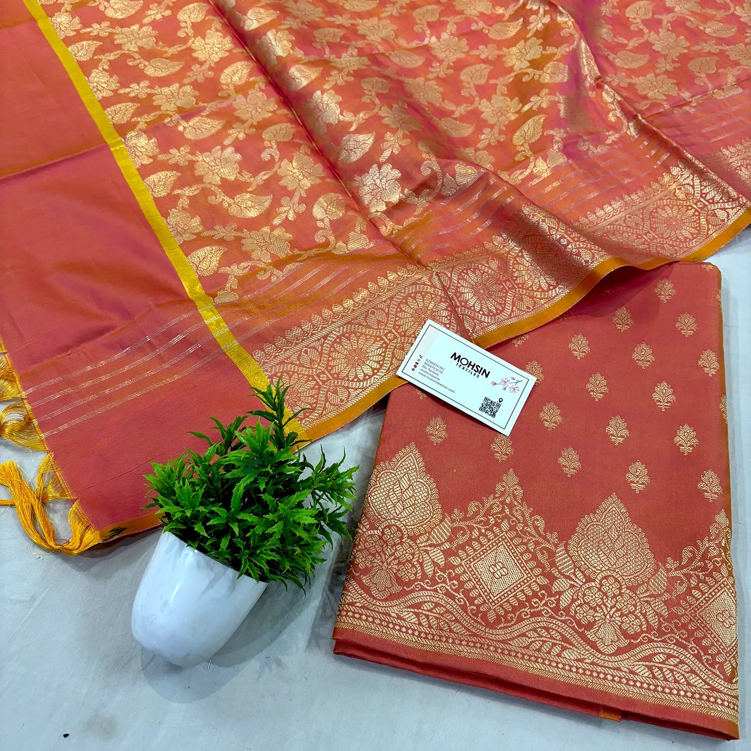 Peach Zari Satin Silk Banarasi Suit