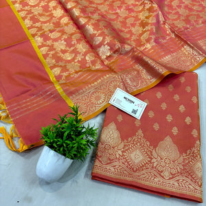 Peach Zari Satin Silk Banarasi Suit