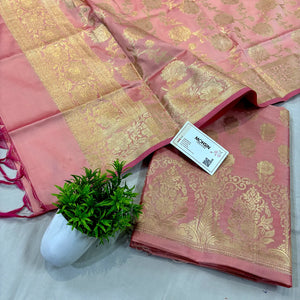 Peach Zari Satin Silk Banarasi Suit