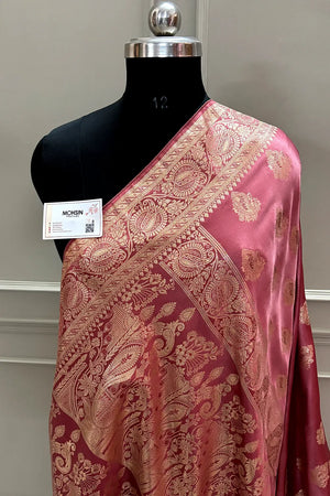 Peach Zari Semi Mashru Silk Banarasi Saree