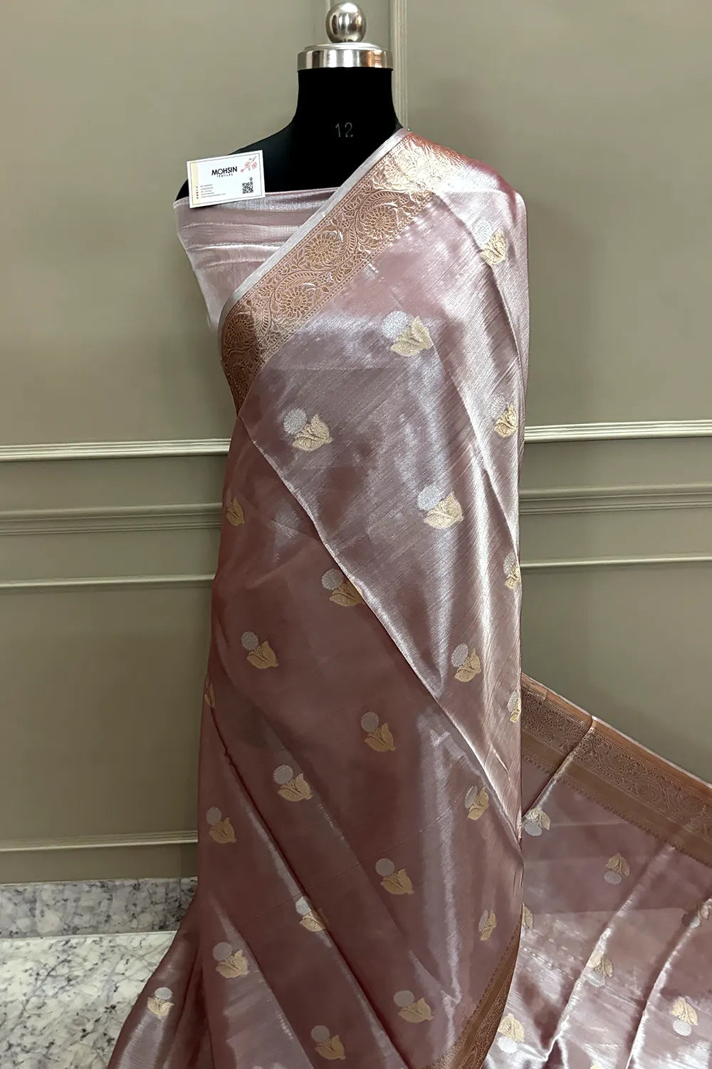 Peach Zari Tissue Silk Banarasi Saree