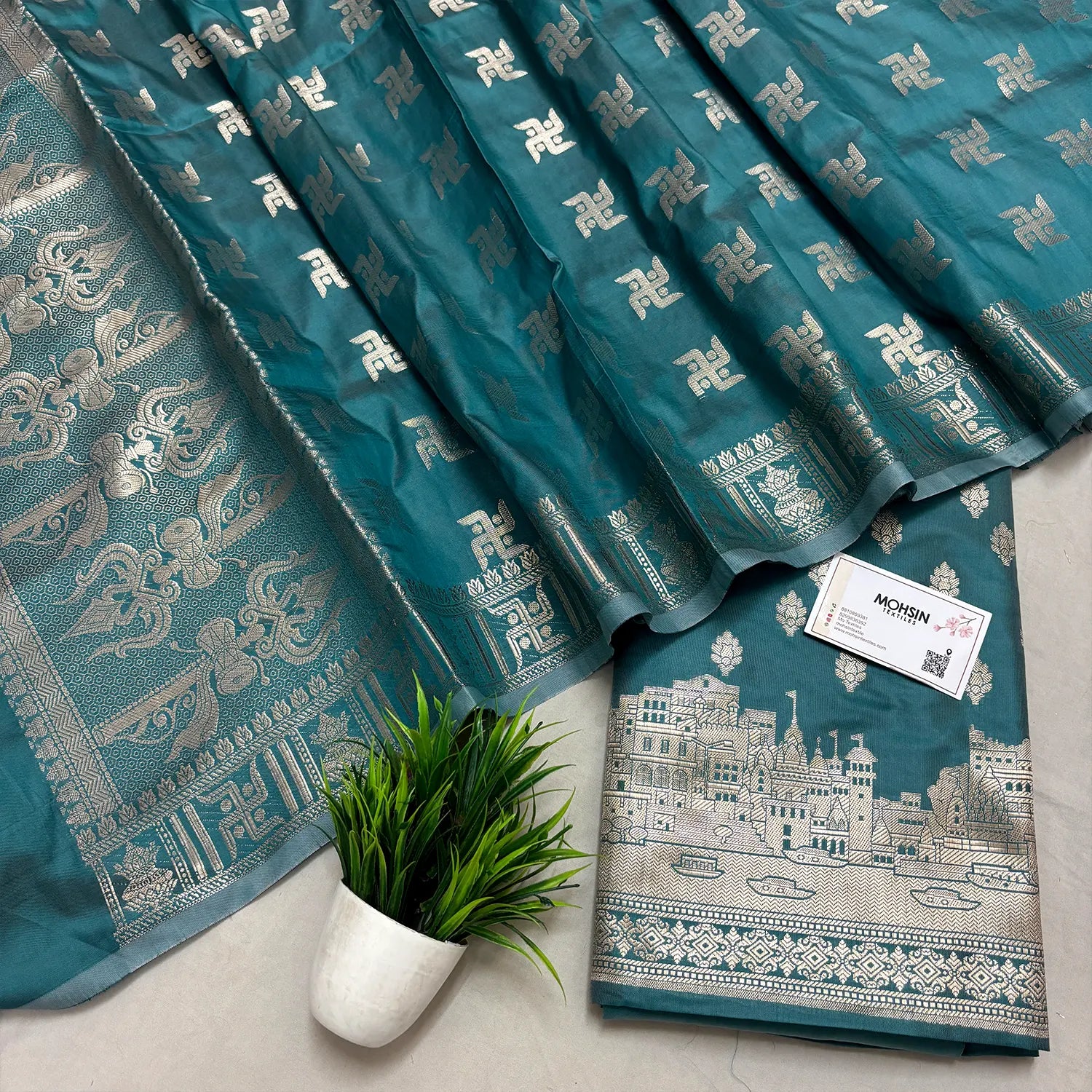 Peacock Assi Ghat Mandir Semi Katan Silk Banarasi Suit
