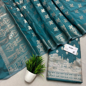 Peacock Assi Ghat Mandir Semi Katan Silk Banarasi Suit