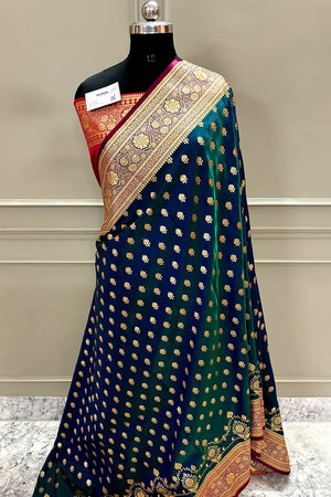 Peacock Blue and Red Zari Katan Silk Banarasi Saree
