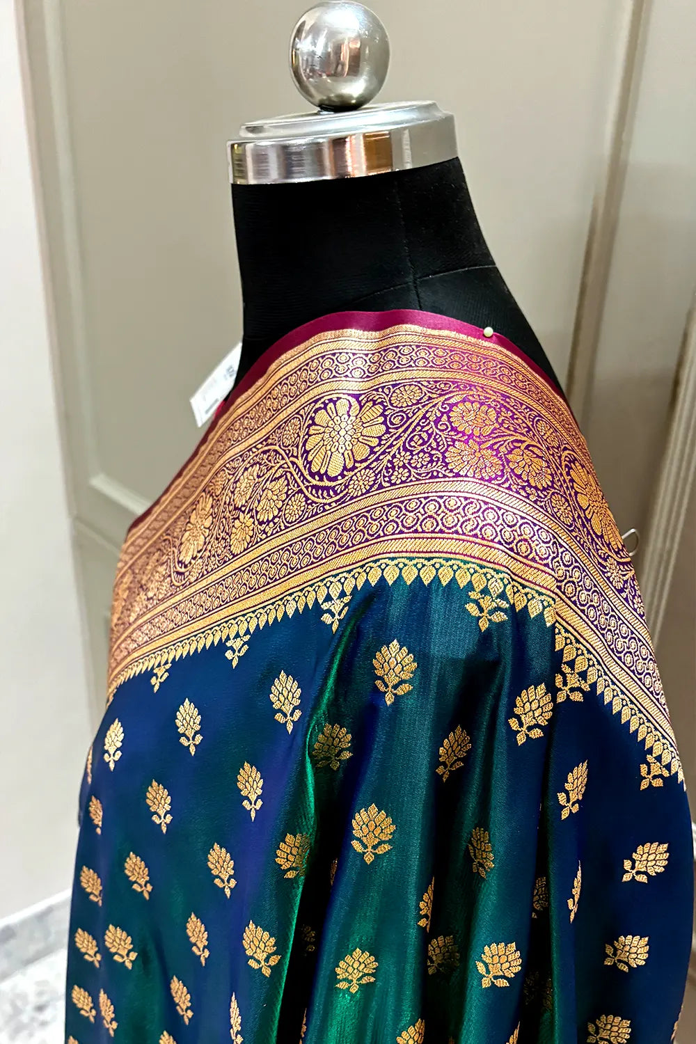Peacock Blue and Red Zari Katan Silk Banarasi Saree