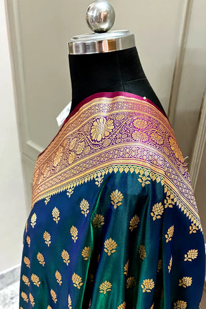 Peacock Blue and Red Zari Katan Silk Banarasi Saree