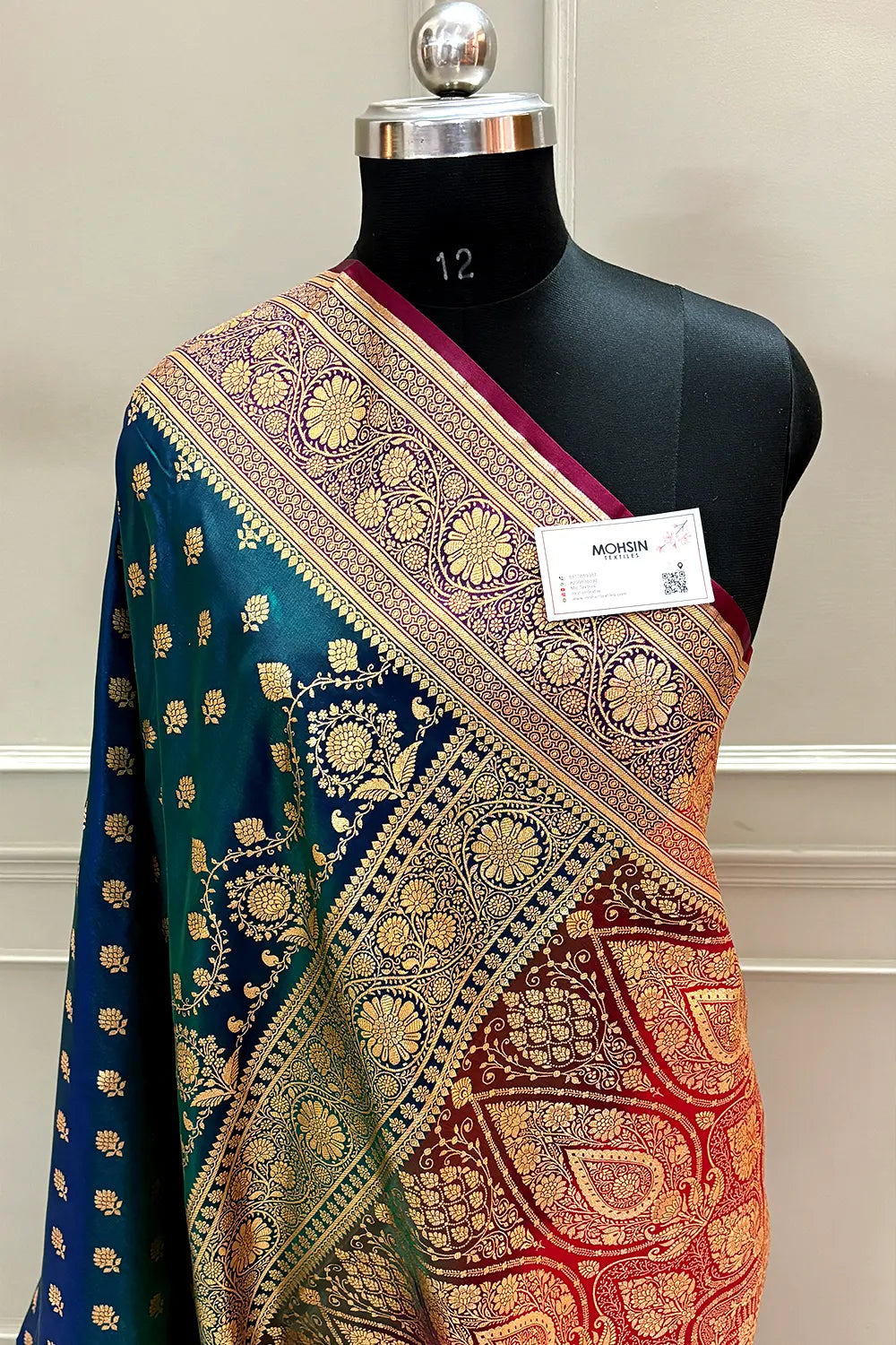 Peacock Blue and Red Zari Katan Silk Banarasi Saree