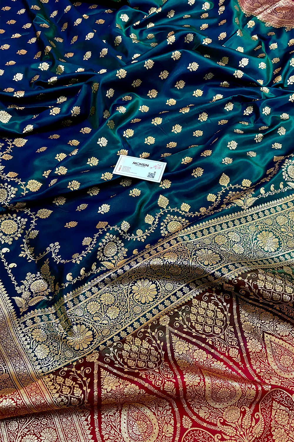 Peacock Blue and Red Zari Katan Silk Banarasi Saree