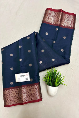 Peacock Blue and Wine Zari Semi Katan Silk Banarasi Saree