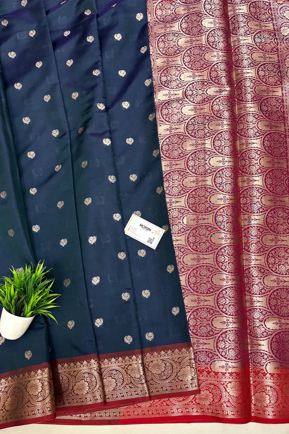 Peacock Blue and Wine Zari Semi Katan Silk Banarasi Saree