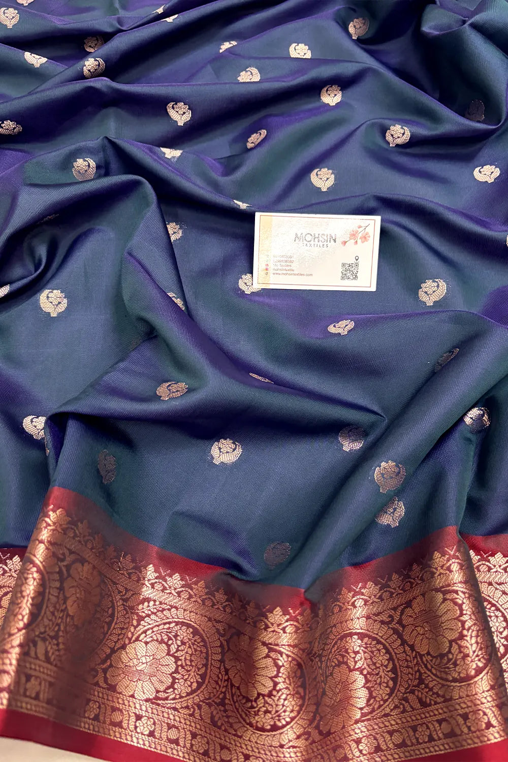 Peacock Blue and Wine Zari Semi Katan Silk Banarasi Saree