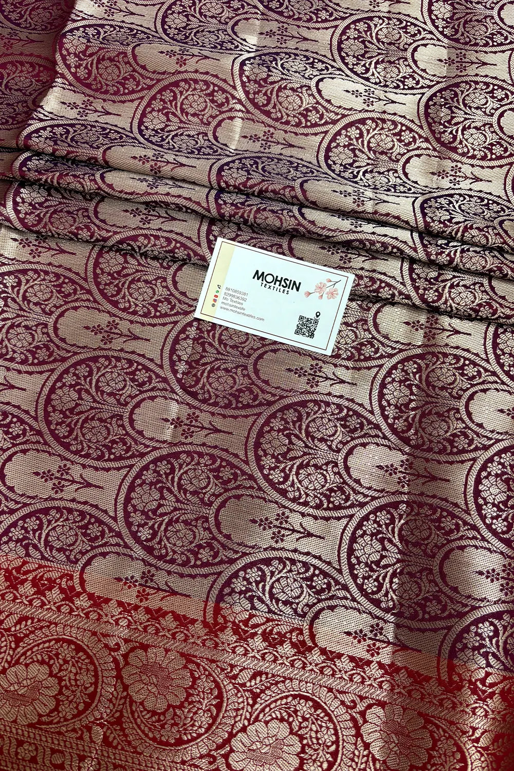 Peacock Blue and Wine Zari Semi Katan Silk Banarasi Saree