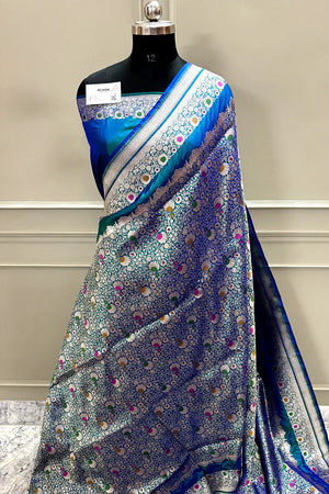 Peacock Blue Handloom Pure Katan Silk Banarasi Saree