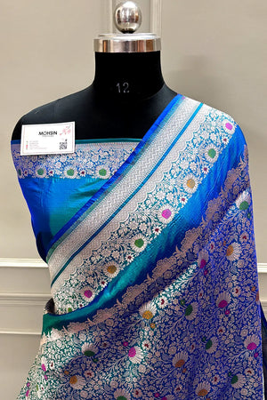 Peacock Blue Handloom Pure Katan Silk Banarasi Saree
