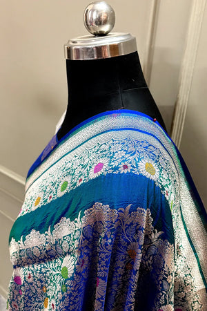 Peacock Blue Handloom Pure Katan Silk Banarasi Saree