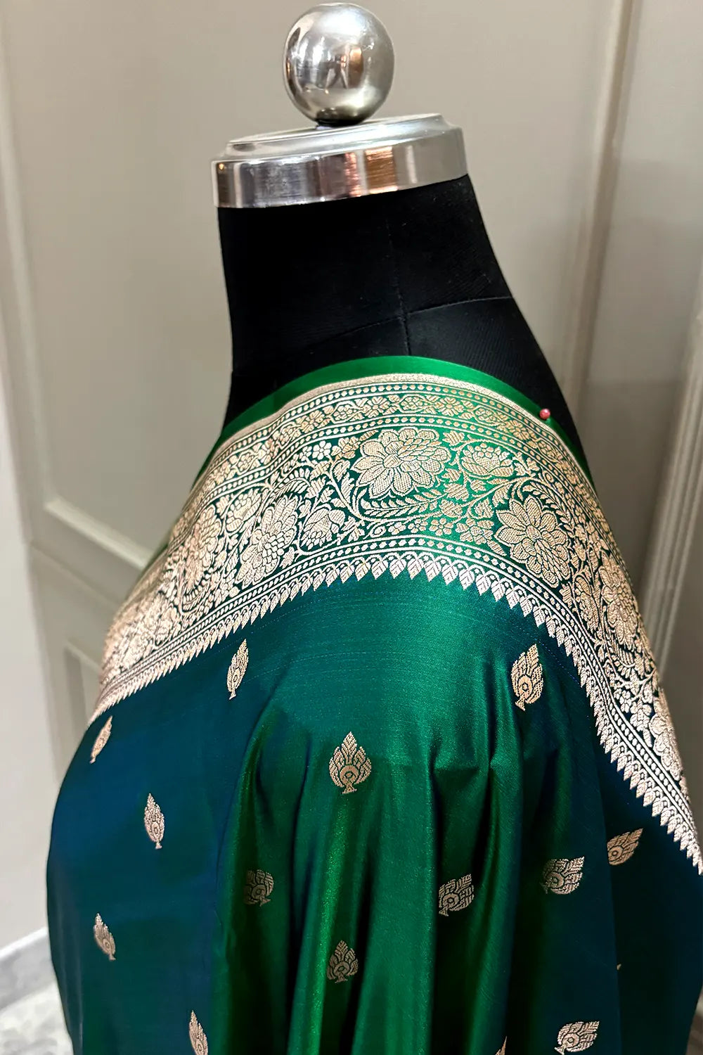 Peacock Blue Mario Patti Katan Mashru Silk Banarasi Saree