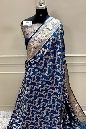 Peacock Blue Mughlai Jaal Katan Silk Banarasi Saree